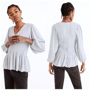 Madewell : size : XS : gray ‘lucie’ v-neck smocked wool blend peplum ruffle top